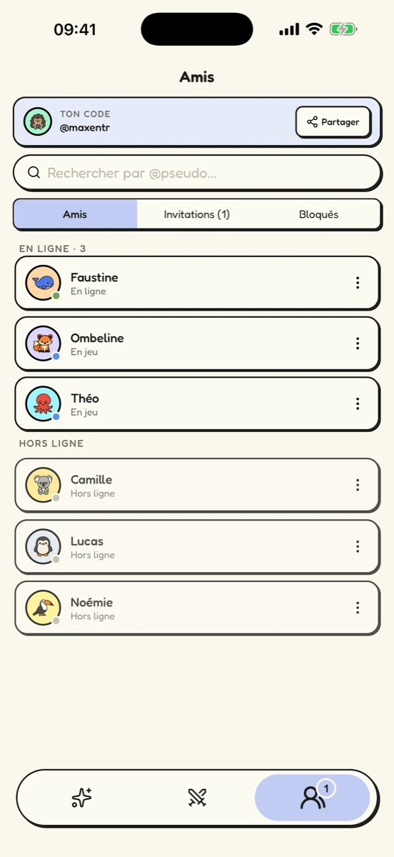 La liste d'amis dans Skymo avec leur statut en ligne